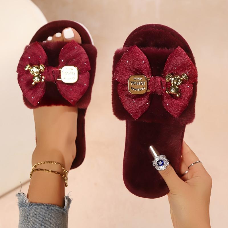 Women'S Elegant Pink Satin Bow Bear Decorative Plush Home Slippers - Stylish, Comfortable, and Stylish Flat Sandals for Indoor and Outdoor Use