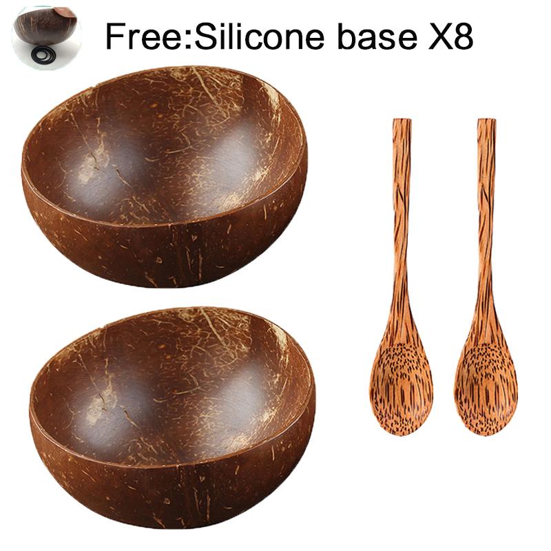 Coconut Bowl Set Natural Handmade Coconut Shell Tableware Wood Spoon Dessert Fruit Salad Mixing Rice Ramen Wooden Bamboo Bowl