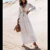 Vestido largo de encaje elegante blanco de manga larga con cuello en V para mujer