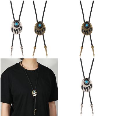 Handmade Bear Claw Stone Inlay Cowboy Necklace Adjustable Length Unisex Bolo Tie PU Leather Cord Necktie for Men Women