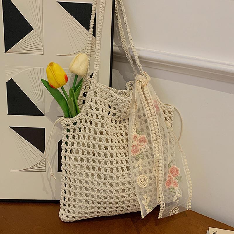 Summer Hollow Woven Shoulder Bags Women's New Casual Beach Bag Versatile Lace Design Commuting Shoulder Tote Bag AVE