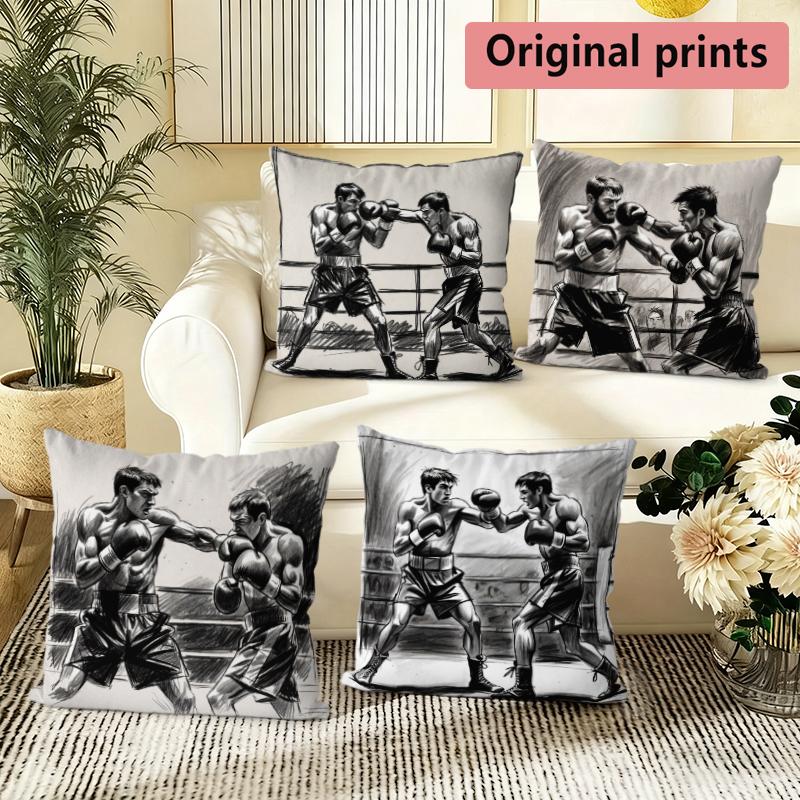 Vintage Sketch Boxing Match Throw Pillow Covers Pattern Cushion Cover Suitable for Sofa Bedroom Car Pillow Cover