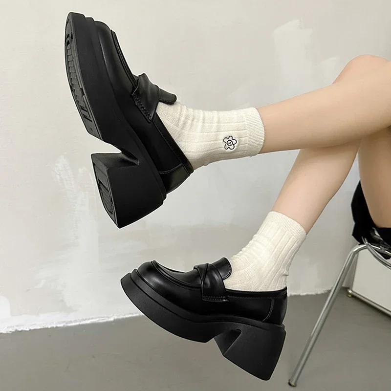 Fashion 2025 New Platform Loafers Women Lolita Mary Janes Casual Pumps Pu Leather High Heels Non Slip Oxford Shoe Autumn Boots Plus Size