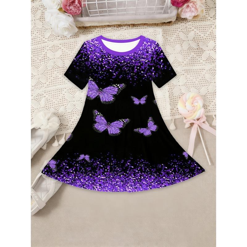 Girls' Casual Unicorn Short-Sleeve Dress Featuring Trendy Butterfly And Flower Prints