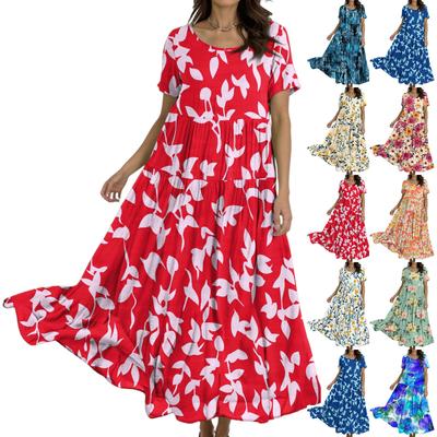 Damen Lässiges Lockeres Böhmisches Kleid mit Blumenmuster und Kurzen Ärmeln