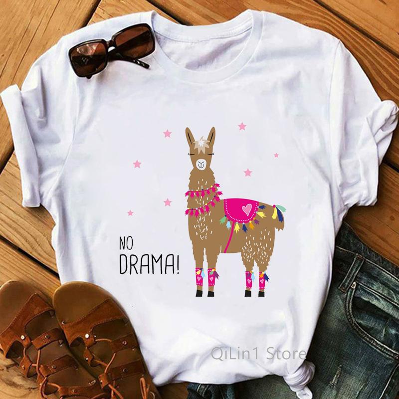 Female Tshirt Harajuku Kawaii Alpacas Animal Print Funny T Shirts Women Summer White Top Camiseta Mujer Casual Tshirt Clothes