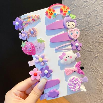 14pcs Set Hairpin Cute Colorful Princess Flower Fruit Cartoon Pattern Children Hair Clip For Girls Purple