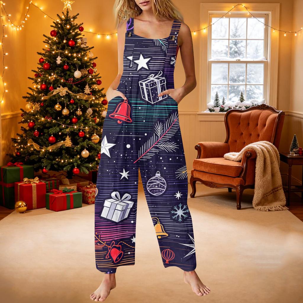 Women's Casual Christmas Print Loose Fit Retro Suspender Overalls
