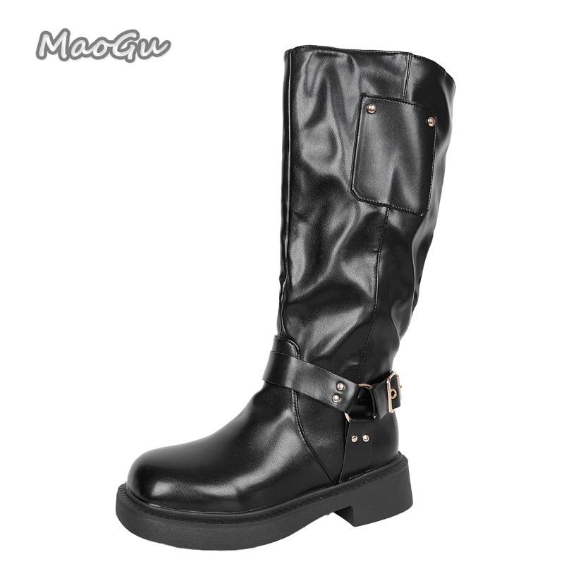 Belt Buckle British Style Side Zipper Mid Heel Boots  Autumn New Rivet Knight Boots for Women Pu Leather Fashion Botas Mujer