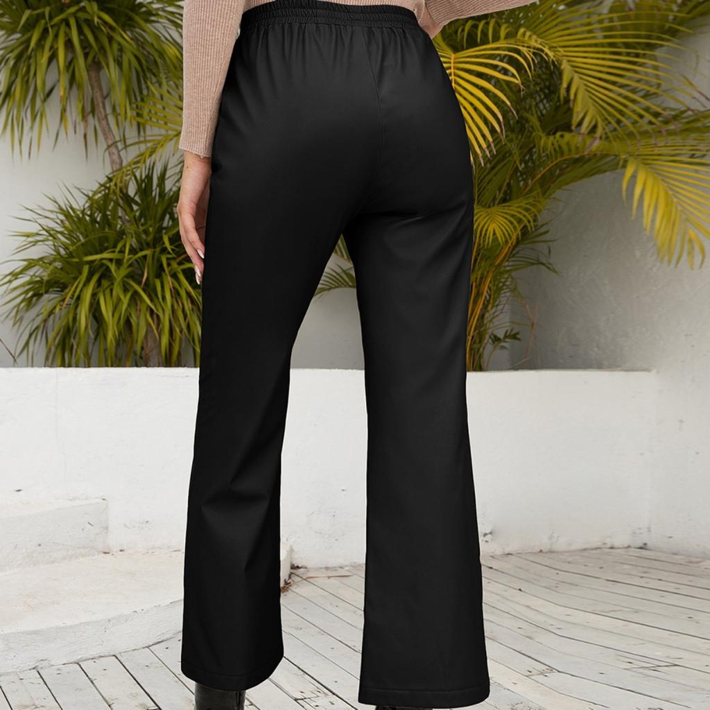 Women's High Waist Drawstring Flare Pants Loose Urban Casual Faux Leather Wide Leg Trousers