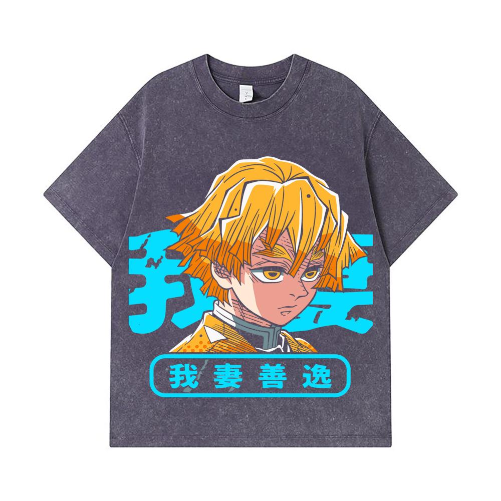 275 GSM Washed T-shirts 100% Cotton Demon Slayer V100 Zenitsu Print Unisex Heavy Cotton T Shirt