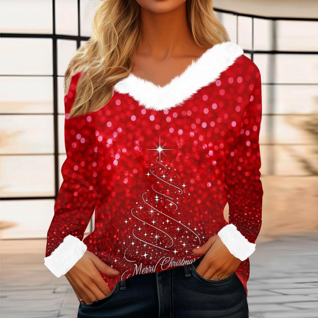 Women's Casual Christmas Print Long Sleeve Top with Plush Collar for Winter