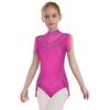 Girls Sparkling Rhinestones Dance Leotard Mock Neck Sleeveless Invisible Zipper Back Sheer Mesh Skirted Bodysuit
