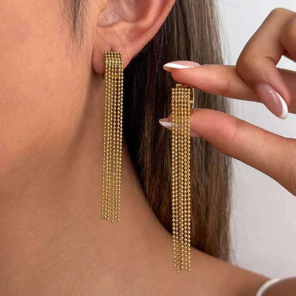 Salircon Vintage 18K Gold Plated Stainless Steel Tassel Long Drop Earring for Women Trendy Piercing Ear Waterproof Charm Jewelry