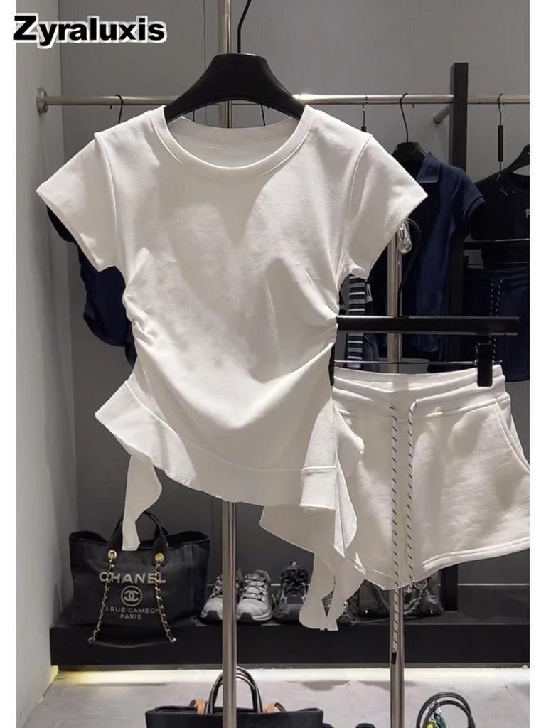 Korean Style Crisscross Crop Top Women's Summer Slim Fit Elegant Irregular Ruffle T-Shirt