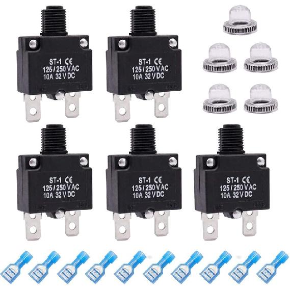 Mxuteuk 5Pcs 3,5,10,15,20Amp Circuit Breakers Push Button Manual Reset 125/250V AC 32V DC,Overload Protector Switch Thermal Circuit Breakers With