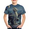 Round Neck 3D Dinosaur Printed Top Casual Short Sleeved Children's Boy T-shirts - Soft Medium Stretch Polyester Fabric Summer Relaxed Fit Clothing