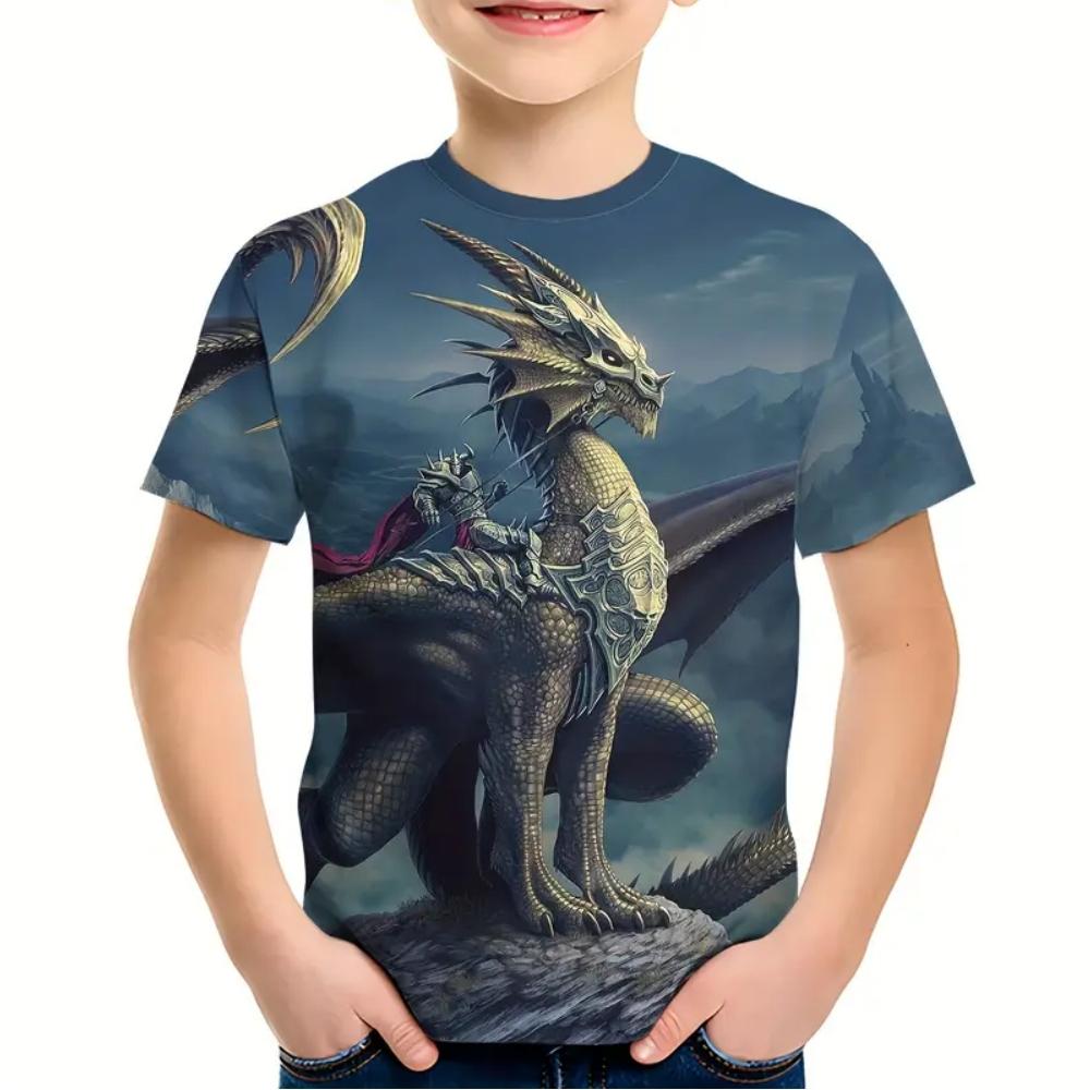 Round Neck 3D Dinosaur Printed Top Casual Short Sleeved Children's Boy T-shirts - Soft Medium Stretch Polyester Fabric Summer Relaxed Fit Clothing
