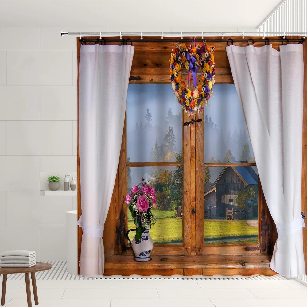 Set Tende da Doccia Finestra Retrò Foresta Autunnale Cascata Strada Vintage Fiore Pianta Architettura Moderna Paesaggio Schermi per Bagno