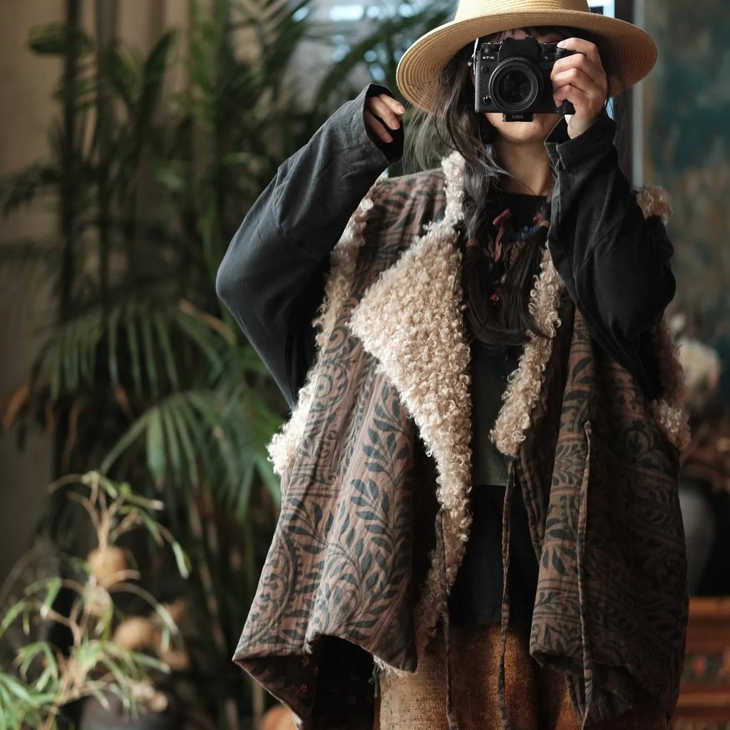 Johnature Women Vintage Print Floral Vests Coats Spring Chinese Style Warm Belt Female Coats