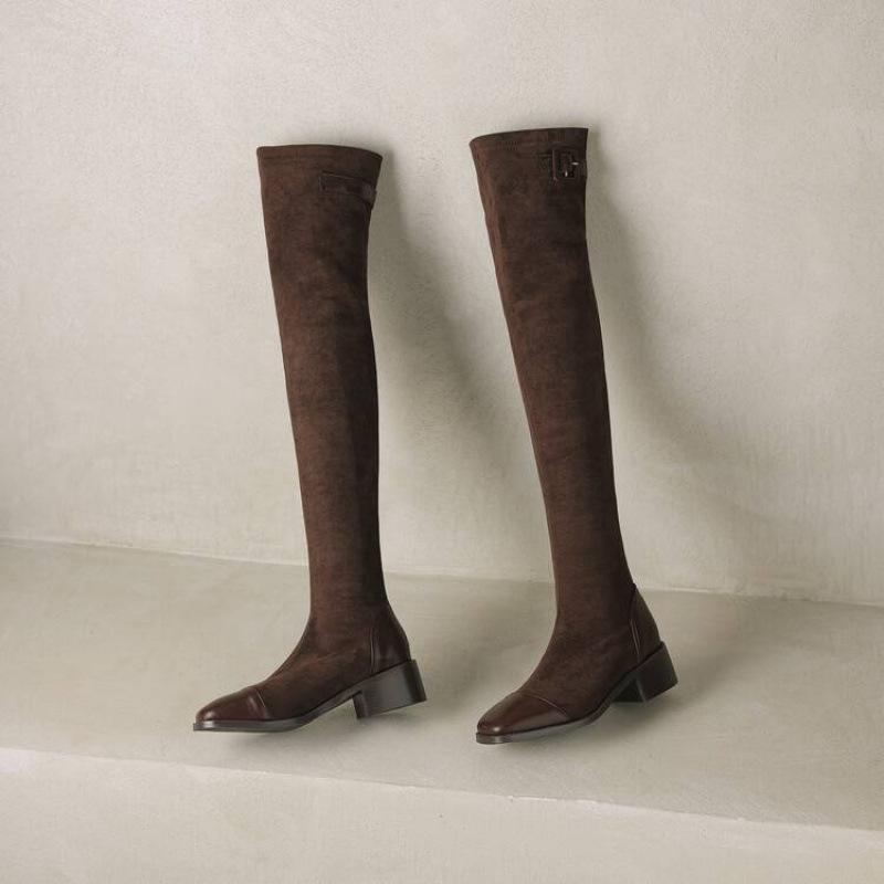 Autumn and Winter Sleeve Suede Over Knee Boots Women's Medium Heel Large Size Women's Boots Comfortable Elastic Rubber Sole Square Heel Bl