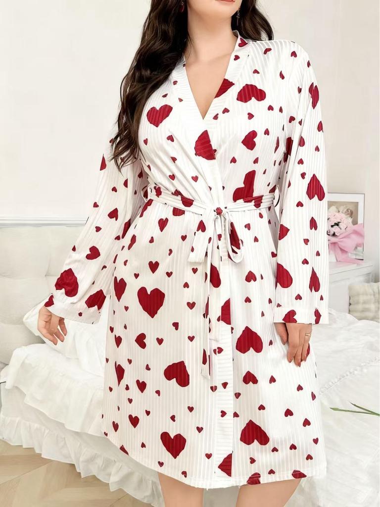 Euro-American Plus Size Summer Ribbed Knit Heart Tie-up Outdoor Pajamas Women's Comfortable Morning Robe