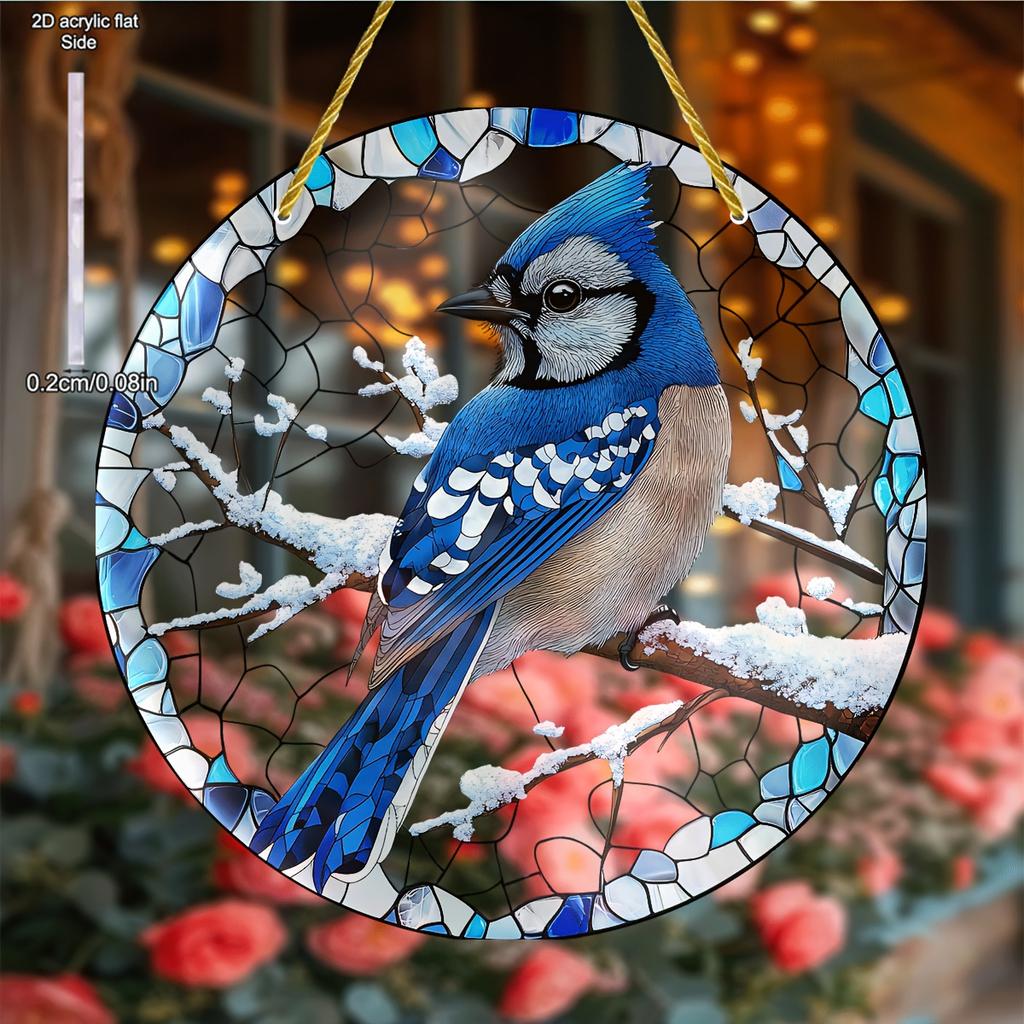 Charming Blue Jay Acrylic Sun Catcher - Winter Wonderland Window Hanging, Decorative Art for Home & Garden, Ideal Gift for Bird Enthusiasts & Nature L