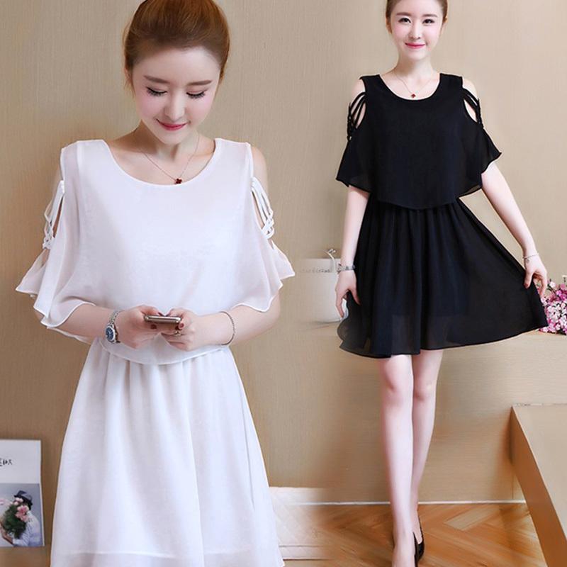 Frauen Frühling Sommer Kurzarm Hohe Taille A-linie Chiffon Kleid