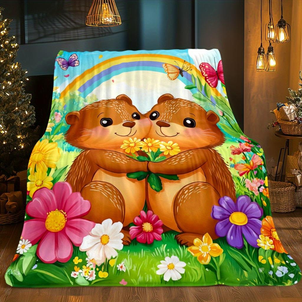 Love Otters Holding Flowers Rainbow Garden Blanket Soft Flannel Throw Home Decor Art Print Couple Gift Kids Bedroom Decor