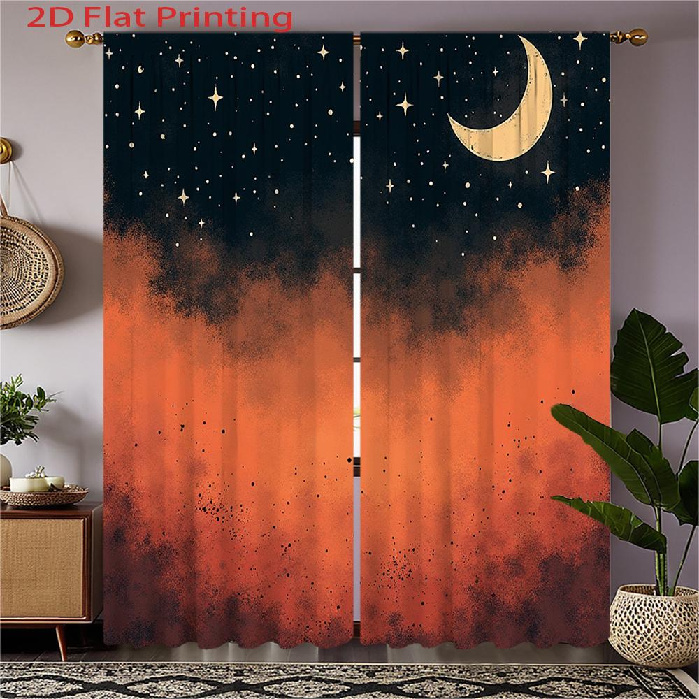 

Set Of 2 Flat Printed Curtains Night Sky Moon Star Orange Tone Bedroom Living Room Home Decor Made Polyester Sitting Window Treatment W100*H70(CM)-Hooks&1PCS