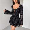 Women‘s Mesh Evening Dress - U Collar Bodycon Long Sleeve Dress with Flower Embroidery