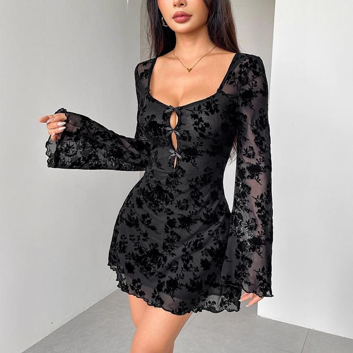 Women‘s Mesh Evening Dress - U Collar Bodycon Long Sleeve Dress with Flower Embroidery