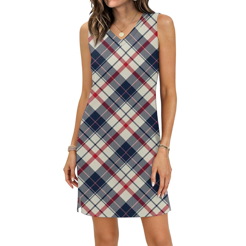 Women's Casual V-neck Sleeveless Split Hem Plaid Print Dress