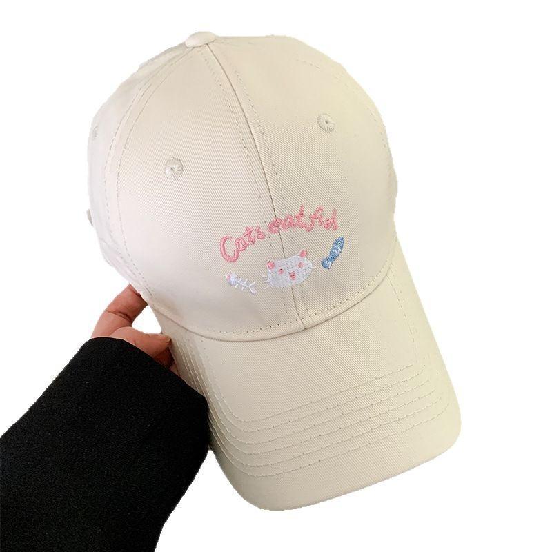 Cute kitten embroidered baseball cap women's spring summer big head circumference wide brim showing face small peaked cap versatile hat