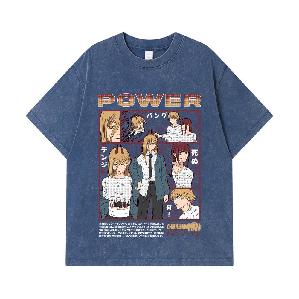 

275 GSM Washed T-shirts 100% Cotton Chainsaw Man V1 Power Print Unisex Heavy Cotton T Shirt 2XL королівський синій колір