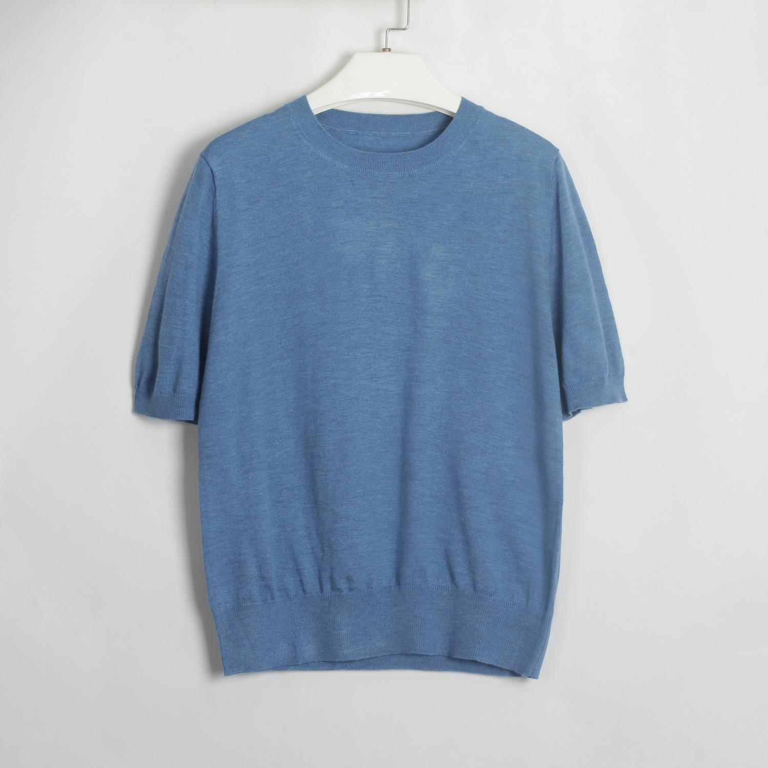 

Женский новый весенне-летний вязаный свитер с коротким рукавом и круглым вырезом, однотонные повседневные шикарные топы L синий