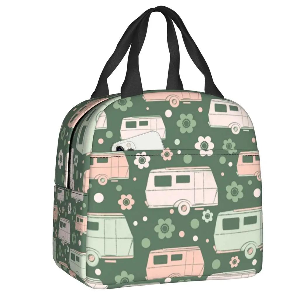 Colourful Vintage Caravans And Flowers Pattern Thermal Insulated Lunch Bags Women Happy Campers Portable Lunch Tote Food Box