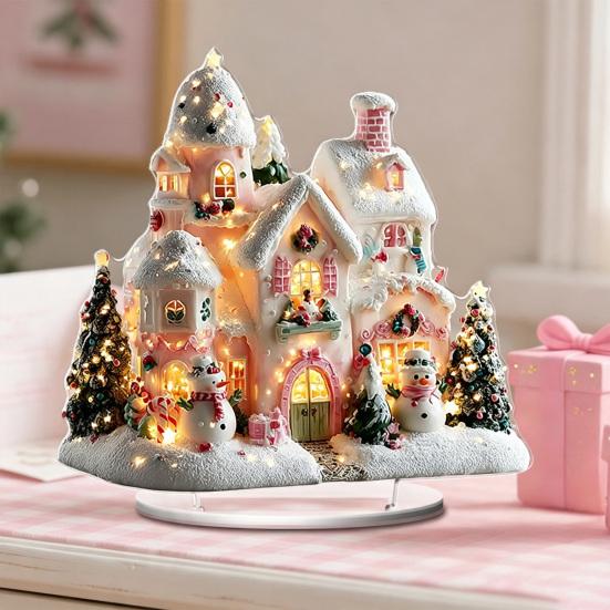 Festlicher Desktop-Schmuck für den Winter Weihnachten Acryl-Ornament, 2D Flaches verschneites Häuschen mit Sockel, Saisonal Detaillierter Druck Nikolaus Schneemann Tisch