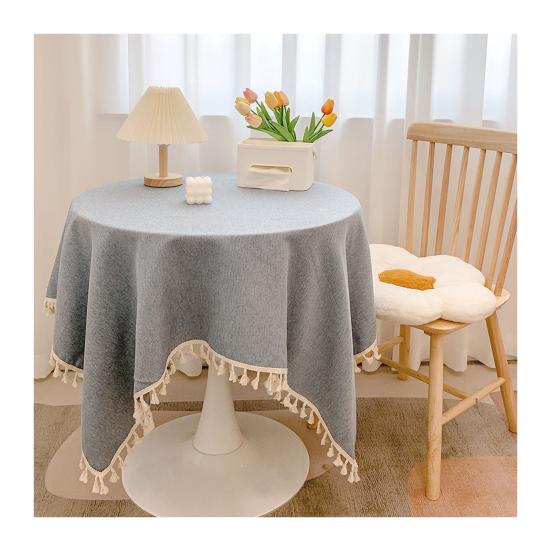 Tovaglia in Cotone e Lino con Bordi Frangiati, Tovaglia Monocolore Lavabile con Nappe, Copritavola Rotondo per Cucina Sala da Pranzo