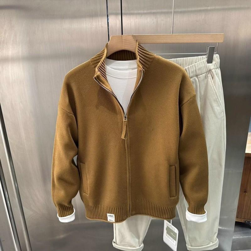 Mens Solid Color Stand Collar Cardigan Casual Loose Fashion Jacket Winter