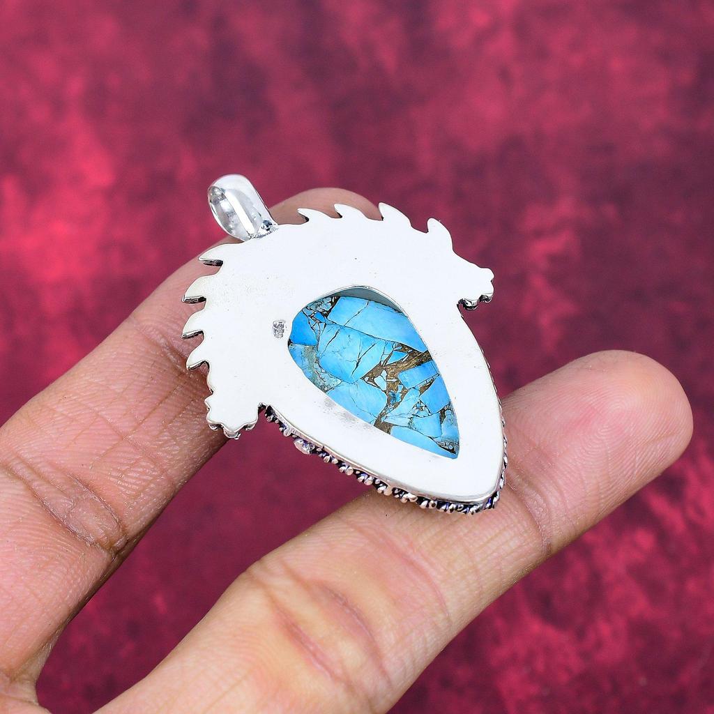 Blue Copper Turquoise Handmade Gemstone Pendant, 925 Solid Sterling Silver Pendant Antique Jewelry, For Engagement Gift