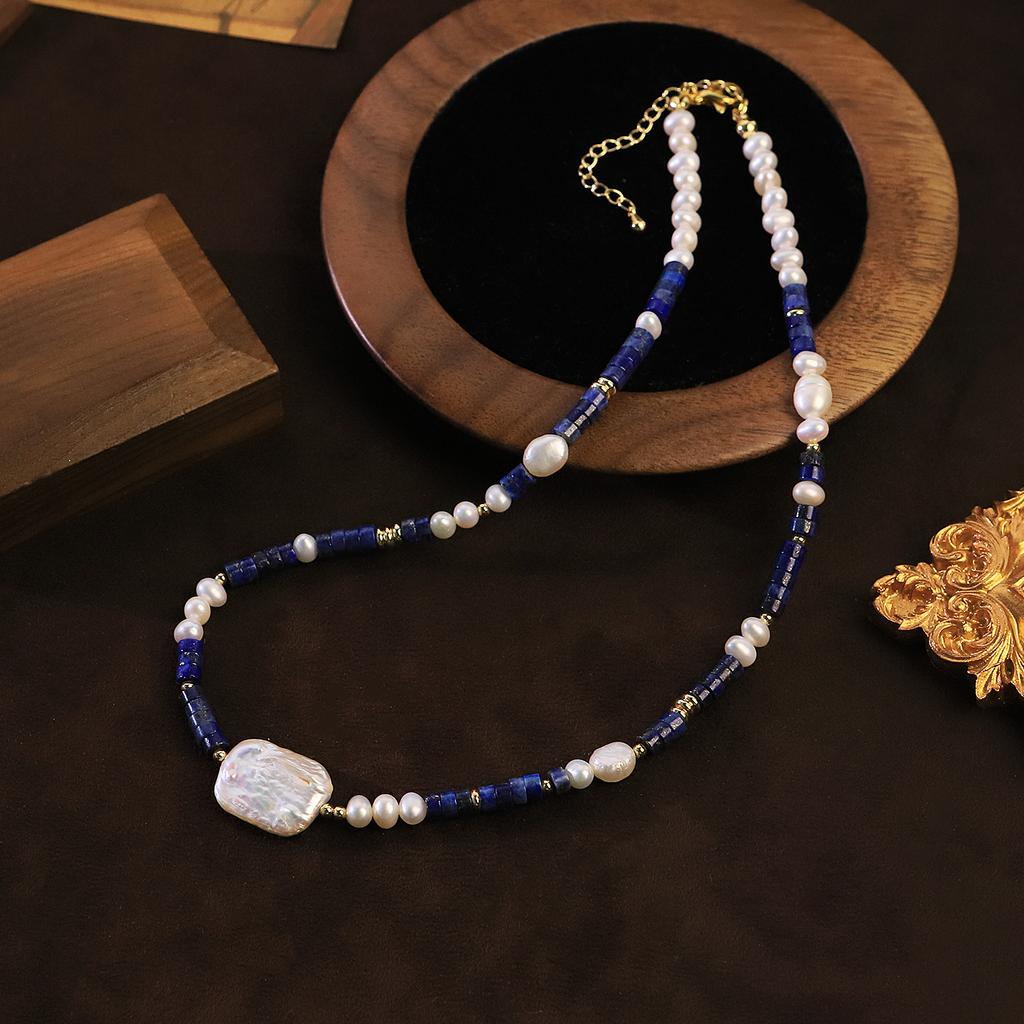Natural Lapis Lazuli Beads Baroque Freshwater Pearl Necklace for Women Daily Banquet Vacation Retro Necklace Fashion Jewelry