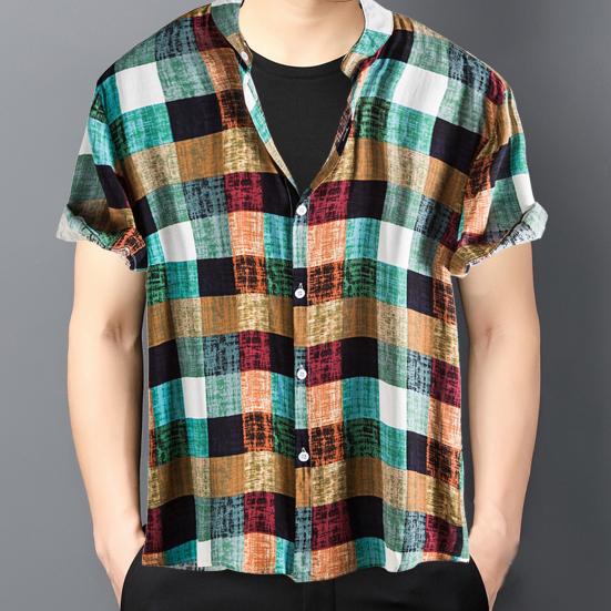 Stand Collar Short Sleeve Men Shirt Buttons Closure Men Plaid Printed Shirt Streetwear