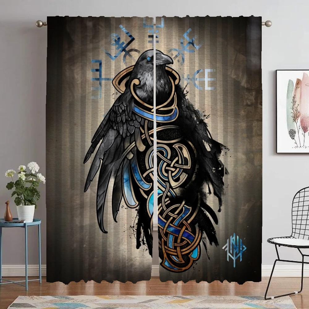 Vikings Odins Ravens Muninn Kitchen Curtains for Living Room Partition Blackout Curtain for Room 2 Panel Halloween Decoration