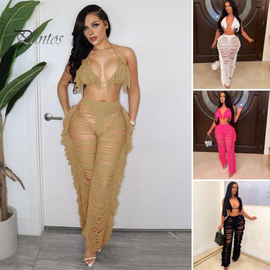 Halter Neck Top with Tassel Pants 2 Pcs/Set Women Crop Set Hollow Out Lace-up Summer Outfit Beach Vacation Bra High Waist Ripped Knitted Trousers And