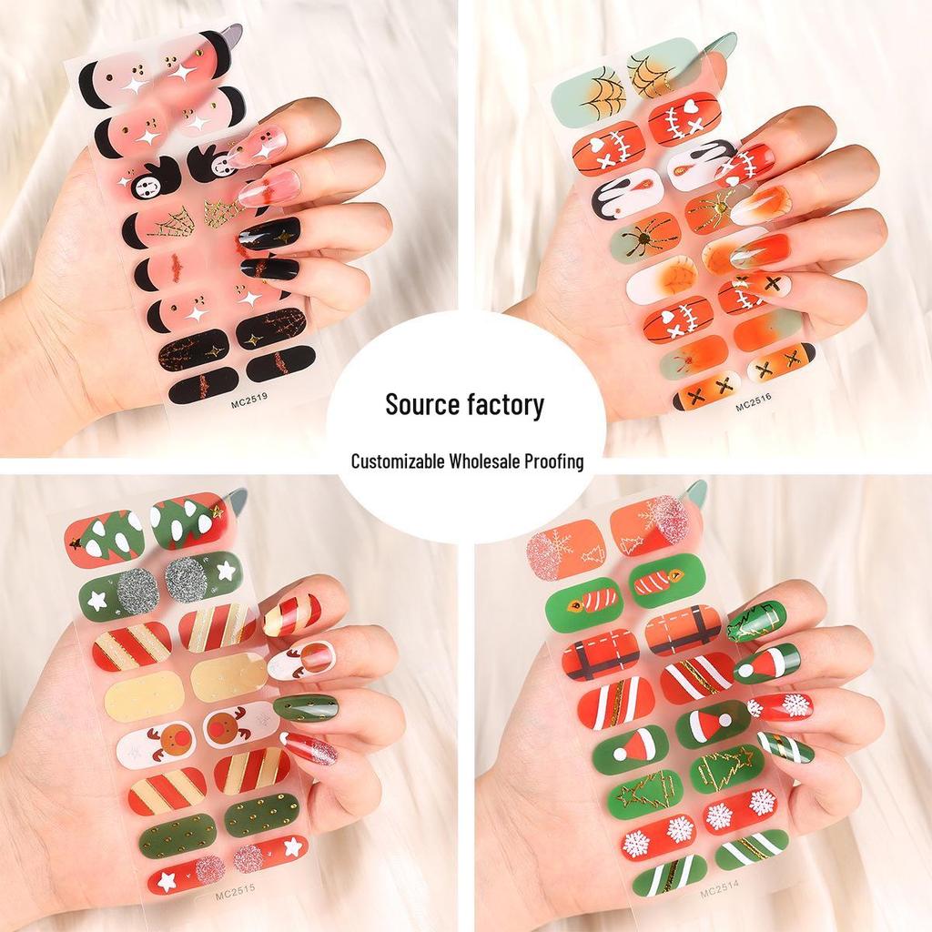 16-Piece European/American Christmas Gel Nail Stickers – No-Bake, French Manicure Style