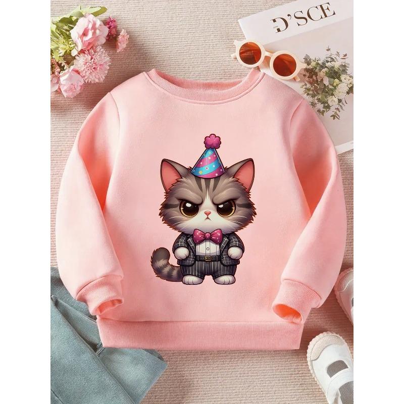 Kids Crewneck Sweatshirt, Chibi Cat Party Paws Cute Graphic Print, Soft Casual Long Sleeve Pullover