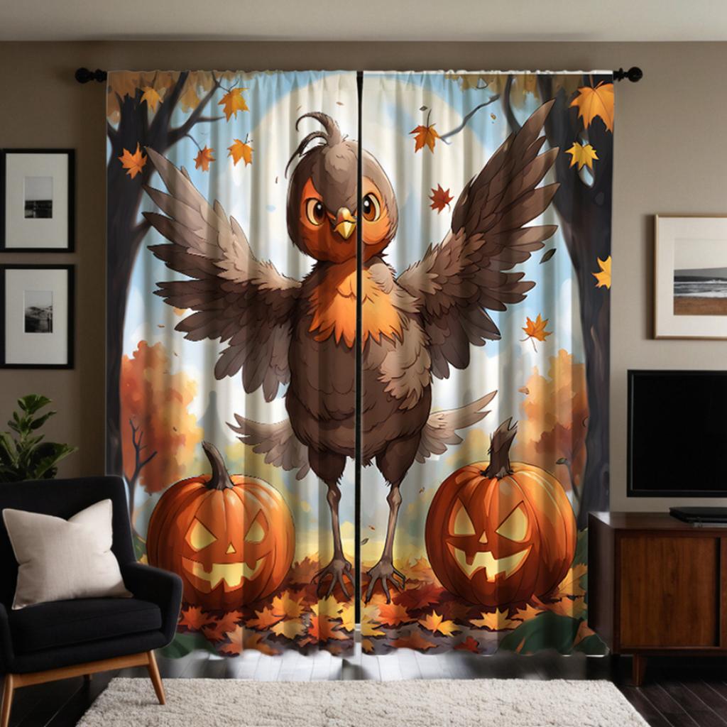 Set Of 2 Hd Halloween Pumpkin Rooster Maple Leaf Decorative Curtain Brown Tie Digital Printed Home Decoration Style Curtains Made Polyester