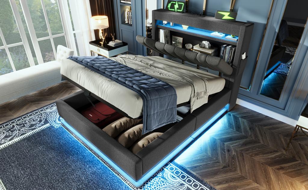 Cama individual tapizada de 90x200 cm, Cabecero con puertos USB tipo C, Iluminación LED en cabecero y piecero, Almacenamiento hidráulico, Gris, Lino (Sin colchón)