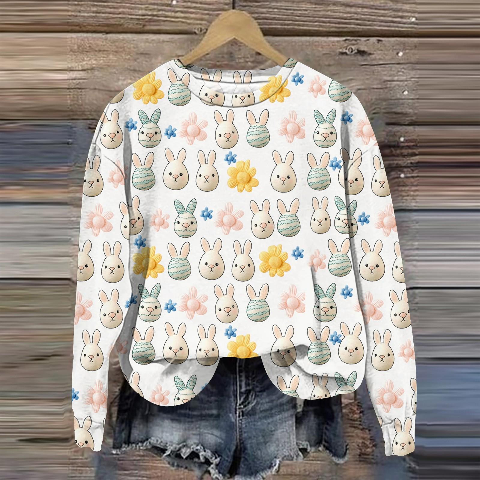 

Женская мода Пасха Печатный Длинный рукав Свободный круглый вырез Толстовка Топ Осень M бежевый